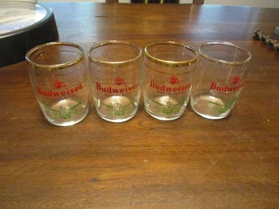 4 Vintage Budweiser King of Beers gold trim small barrel sampler 3'' glasses - Image 1 of 4