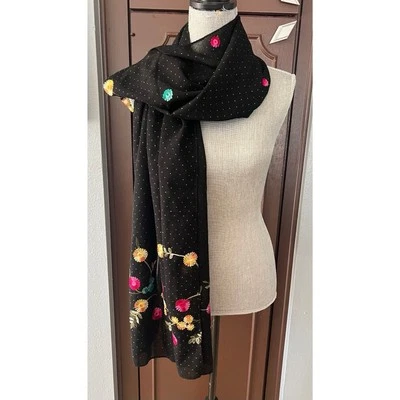 Cachecol bordado floral multicolorido preto vintage - Imagem 1 de 4