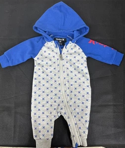 Hurley Baby Boys Hoodie Romper Outfit One Piece Adorable Blue Gray Infant 3M - Picture 1 of 7
