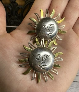 925 Sterling Silver 2-Tone Vintage Mexico Sun Face Design earrings - Picture 1 of 5