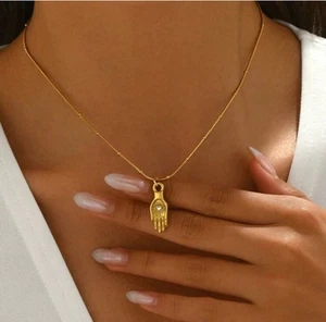 Gold Plated Stainless Steel Hamsa Hand & Cubic Zirconia Evil Eye - Picture 1 of 3