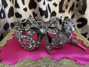Betsey Johnson Stone And Pearl Silver Bow Clear AB Black Crystal Hinged Bracelet - Picture 1 of 6