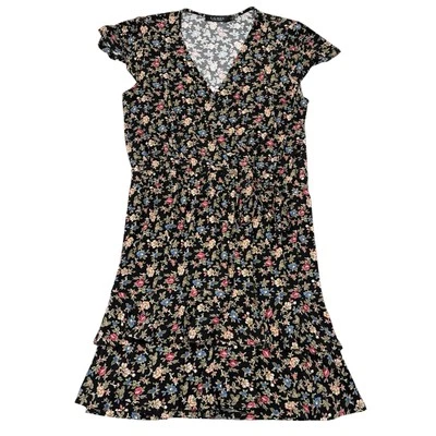 Lauren Ralph Lauren Dress Size 12 Black Floral Tiered Faux Wrap Cocktail Flutter - Image 1 of 4