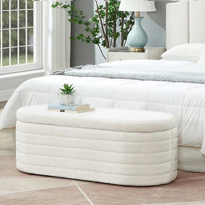 New Modern Oval Storage Ottoman Bench Upholstered Boucle End of Bed Bench Stool - Picture 1 of 15