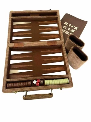 Vintage Travel Size Backgammon In Brown Corduroy Case With Instructions. - Image 1 of 4