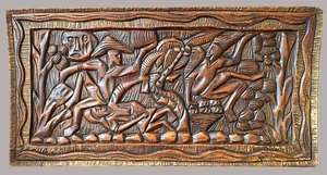 Native Tiki Tribal Relief Carved Wood Panel Wall Art Storyboard Picture 27"x15" - Picture 1 of 13