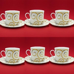 PIER 1 PORCELAIN GOLD SWIRL SET OF 6 CUPS & SAUCERS SETS - Picture 1 of 5