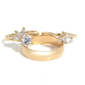 14K Gold Plated Round Cut Lab Created His Her Trio Wedding Band Bridal Ring Set - Picture 1 of 3