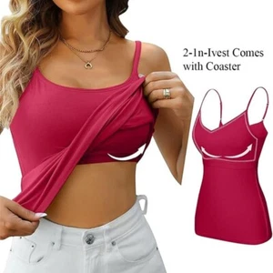 Women Built in Bra Padded Cami Vest 2 in 1 Camisole Tops With Shelf Tank T Shirt - Picture 1 of 13