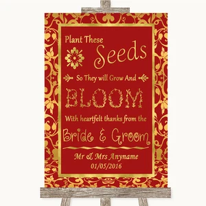 Letrero de boda personalizado con favores de semillas de plantas rojas y doradas - Imagen 1 de 8