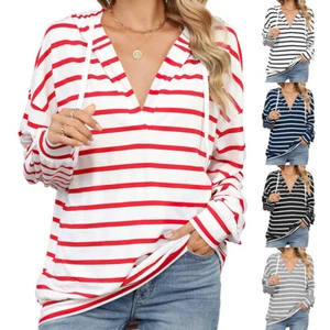 Ladies Autumn Striped Sweatshirts Loose Hooded V Neck Hoodies Tops Pullover SIZE - Picture 1 of 33