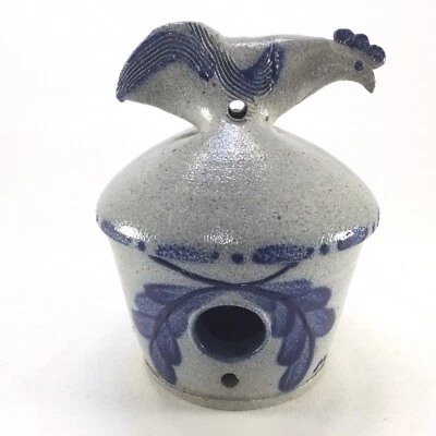1985 Rowe Pottery Salt Glaze Bird House Stamped Cobalt Blue Stoneware Chicken - Image 1 of 4
