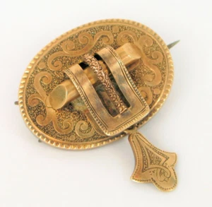 ANTIQUE 14K YELLOW GOLD VICTORIAN BEAUTIFUL CHASED BUCKLE DANGLE BROOCH 6.2G - Picture 1 of 2