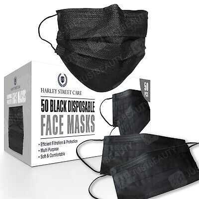 50/100/500 Black Face Mask 3-Ply Breathable Disposable Non Surgical /Medical UK • 4.99£