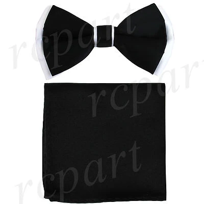 New Men's Pre-tied Bow Tie & Pocket Square Hankie set Black White wedding prom - Image 1 of 4