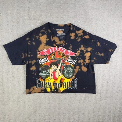 Camiseta Betty Boop Mujer Top Grande Negra Recortada Motocicleta Born To Rule Cuello en V Foto 1 de 4