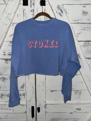 Billabong Women Hey Gday Cropped Crewneck Sweatshirt Small “stoked” Blue Pink - Image 1 of 4