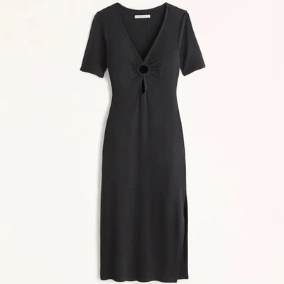 Abercrombie & Fitch O-Ring Ribbed Short Sleeve Midi Dress Black M Academia LBD - Image 1 of 4