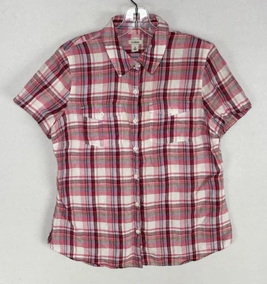Blusa feminina LL Bean de linho pequena rosa xadrez manga curta camisa com botões - Imagem 1 de 4
