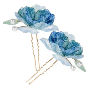 2 Pcs Blue Flower Hair Fork Headdress Bride Bridesmaid Floral Clip - Picture 1 of 12