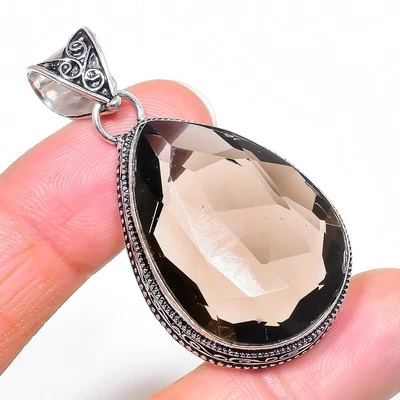 Smoky Quartz Gemstone Pendant Handmade Beautiful Pear Shape Vintage Jewelry 2.3" - Image 1 of 4