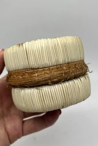 Vintage First Nation Porcupine Quill Cherry Bark Sweetgrass Basket 3” Flower Lid - Picture 1 of 8