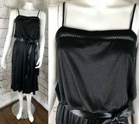 Vintage 70s 80s Black Disco Sun Dress Midi Party S Secretary Draped Sundress