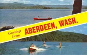 Esquí acuático ABERDEEN, WA Grays Harbor Co. Postal de saludos de pancarta de los años 50 - Imagen 1 de 2