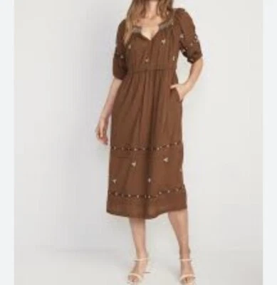 Old Navy Puff-Sleeve Smocked-Neck Embroidered-Flower Midi Swing Dress Size S - Image 1 of 4