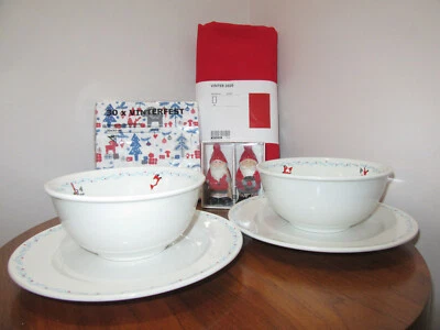 IKEA CHRISTMAS HOLIDAY CUSTOM BUNDLE 2 BOWLS 2 PLATES TABLECLOTH NAPKINS GNOMES - Image 1 of 4