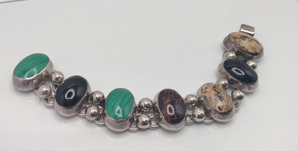 Pulseira cabochão muito pesada grande México TL-17 esterlina 925 incrustada pedra preciosa 75g - Imagem 1 de 4