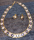 Vintage Enamel Rose Painted Antique Copper Choker Necklace And Matiching Ear Set