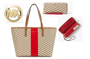 Michael Kors Emry Stripe Lg Zip tote & matching wallet signature MK Natural PVC - Picture 1 of 12