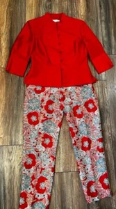 Adrianna Papell 100% Silk Red Floral Light Weight Jacket & Pants Suit Set Sz 6P - Picture 1 of 17