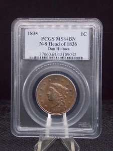 US 1835 CORONET HEAD LARGE CENT N-8 HEAD OF 1836 SLABBED PCGS MS 64 BN - Picture 1 of 2