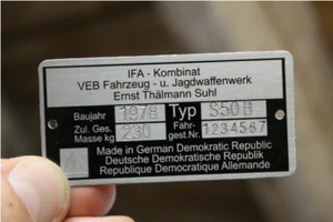Typenschild für Simson S50 B Plakette Typenschild beschriftet / gestanzt - Bild 1 von 1