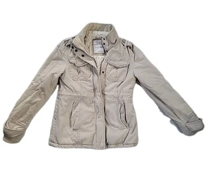 Aeropostale Womens Y2k Fur Lined Coat 100% Cotton Buttons Zips Sinches S Beige - Picture 1 of 12