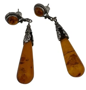 Sterling Silver 925 Amber Earrings Large Teardrop Dangle Drop Vintage Jewellery - Picture 1 of 5