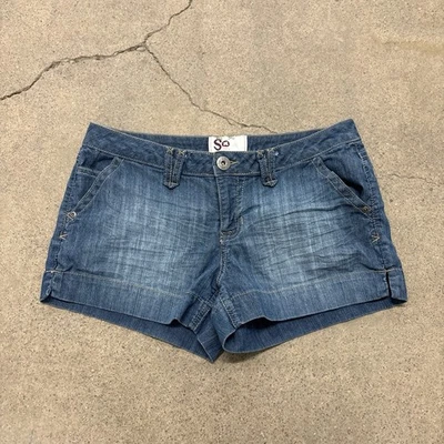 Y2K SO Low Rise 2000s Medium Wash Micro Mini Denim Short Shorts Sz 5 - Image 1 of 4