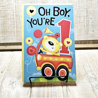 Tarjeta de cumpleaños American Greetings 1er niño oso tren globos azules rojos Foto 1 de 4