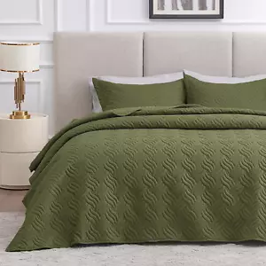 King Size Quilt Bedding Set Olive Green Bedspreads - Bed Summer Quilt Lightweigh - Picture 1 of 7