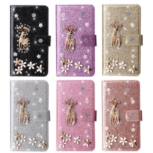 Luxury Elk Deer Glitter Wallet Cover Case For 15 14 13 12 11 Pro Max XR 7 8 SE - Picture 1 of 17