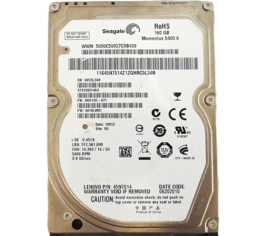 Seagate ST9160314AS 9HH13C-071 0010LVM1 SU (6VC) China 160gb Sata HDD 06/2010 - Image 1 of 1