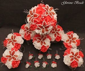 Coral Bouquet Package Tangerine 16 pc Beaded Flower Bridal Bride Quince Wedding