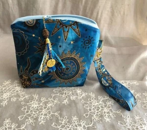 HANDMADE accessory BAG pouch, makeup, travel cosmetic blue SUN tassel charm - Picture 1 of 2