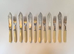 12 Stck. Viktorianische Walker & Hall versilberte Fischmesser & Gabeln Zelluloidgriff - Bild 1 von 14