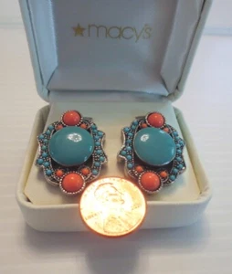 MACY'S Silvertone Blue Peach Cabochons Clip On Earrings Leatherette Jewelry Box - Picture 1 of 4