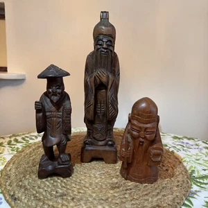 Sammlerstück Holz Handgeschnitzt Vintage Asiatische Statuen Massivholz 3er Set - Bild 1 von 11