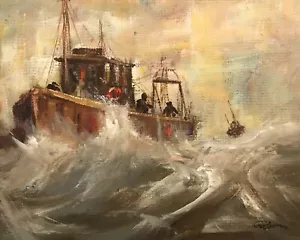 "ORIGINAL LEON GOODMAN ""Pike's Trawler"" barco de pesca mar marítimo PINTURA AL ÓLEO - Imagen 1 de 2