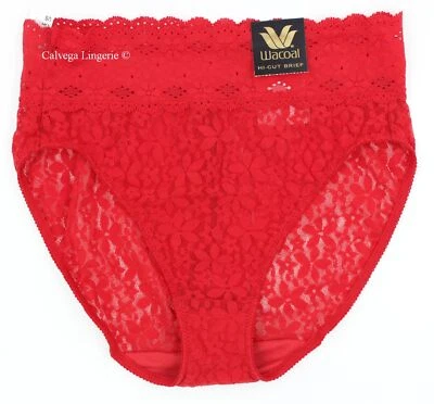 NWT Wacoal 870305 "Halo Lace" Hi-Cut Brief Stretch Lace Panty, True Red, S - Image 1 of 4